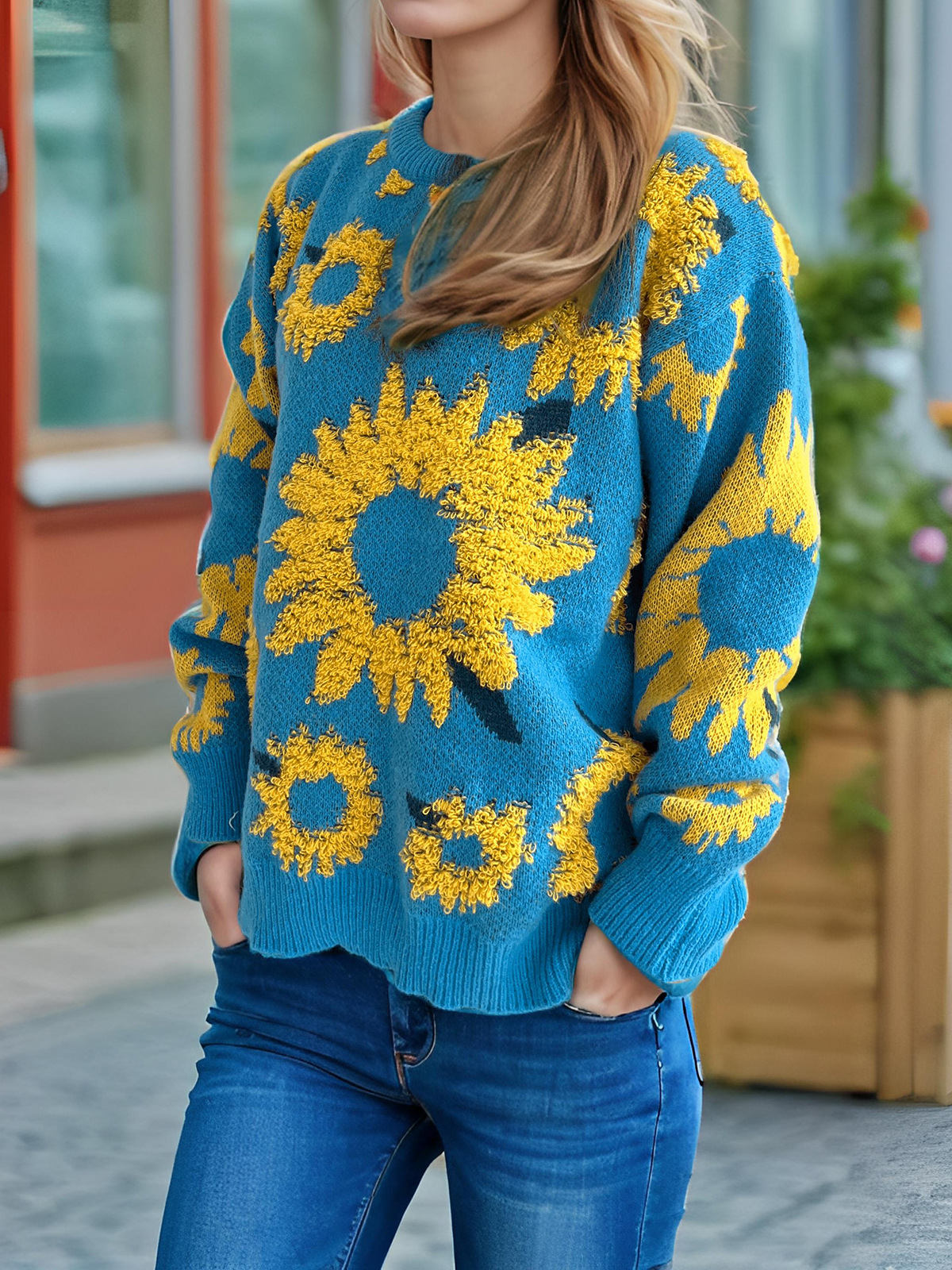Women's Sunflower Jacquard Knitted Pullover Sweater For Winter_voghion.com