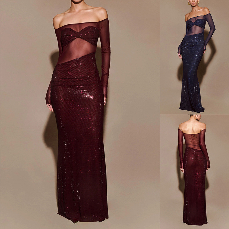 Independent Station Amazon European and American Women's Perspective Evening Dress dress Sexy Long Slim-fit Shoulder Women's 8108