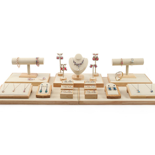 High-end solid wood and bamboo velvet necklace jewelry display and display stand set jade showcase decorative display rack and tray
