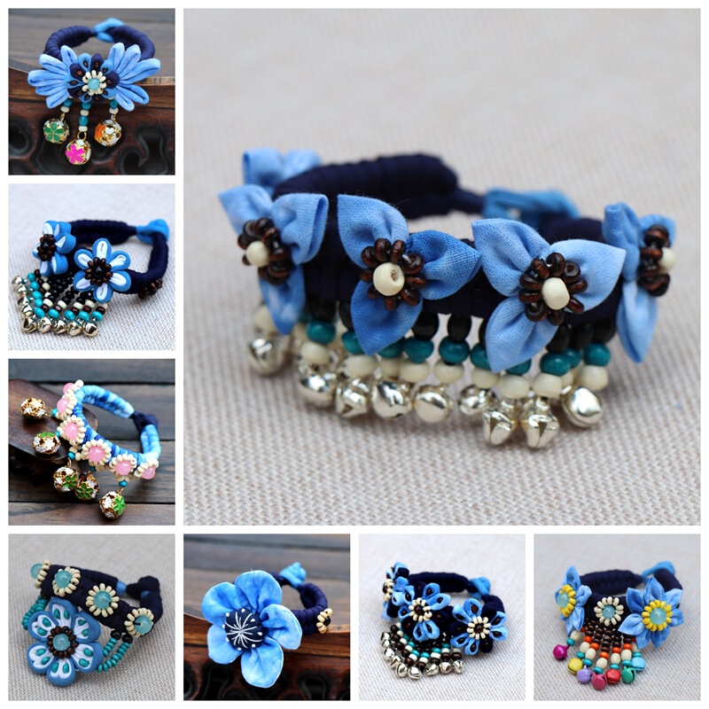 Yunnan ethnic style blue tie-dyed cloth bracelet Dali Lijiang best selling hand-sewn flower fabric bracelet bracelet Yunnan ethnic style blue tie-dyed cloth bracelet Dali Lijiang best selling hand-sewn flower fabric bracelet bracelet