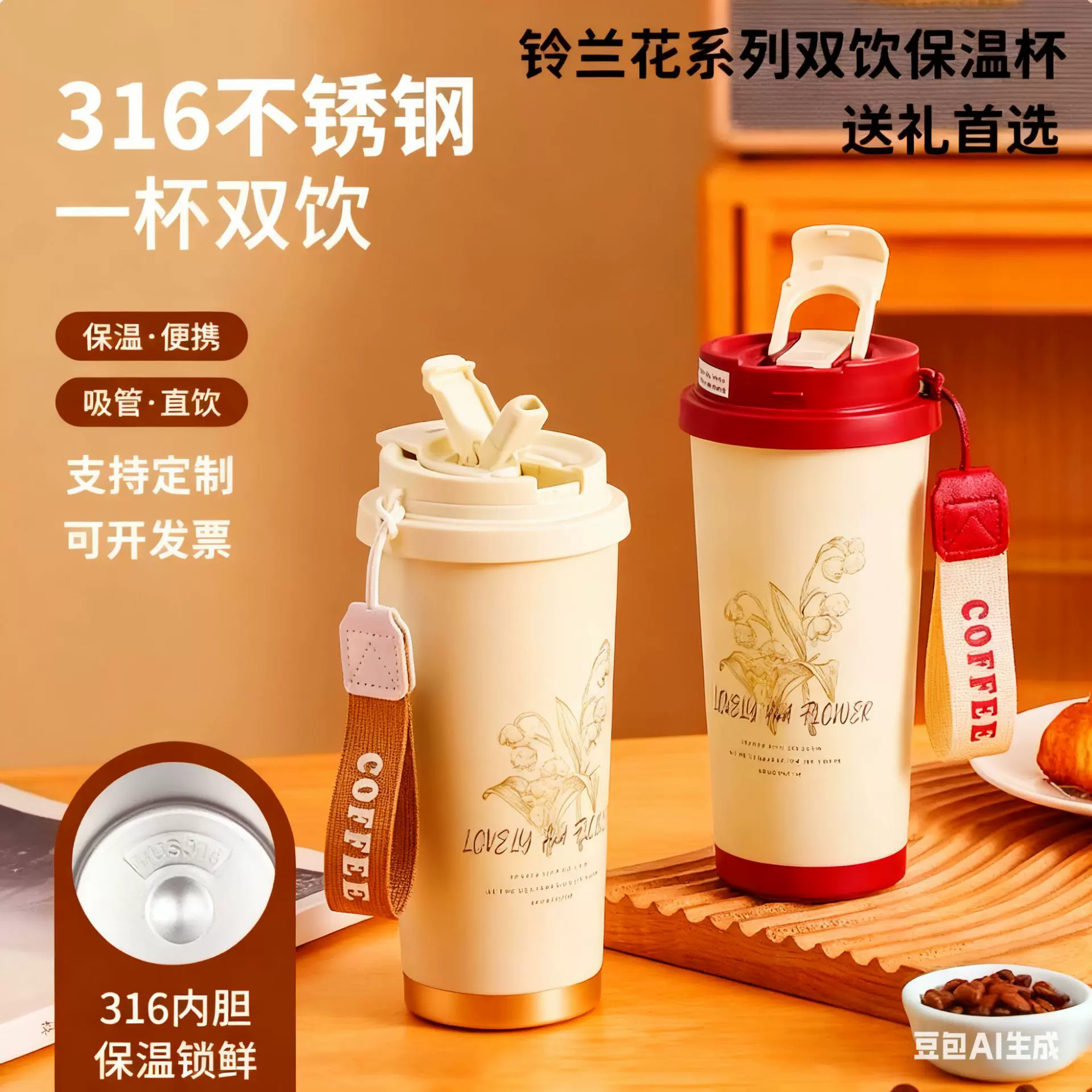 铃兰花咖啡杯316不锈钢保温杯印制logo 公司年会广告小礼品刻字