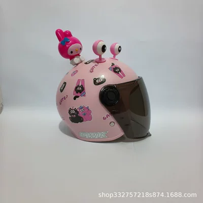 New National Standard 3C Certified Electric Motorcycle Motosiklet kaskı (dəbilqə) - peach-pink-and-black-pink-cat-long-sunscreen-mirror-pink-eyes-melody-3c-children-1-6-years-old-wl07