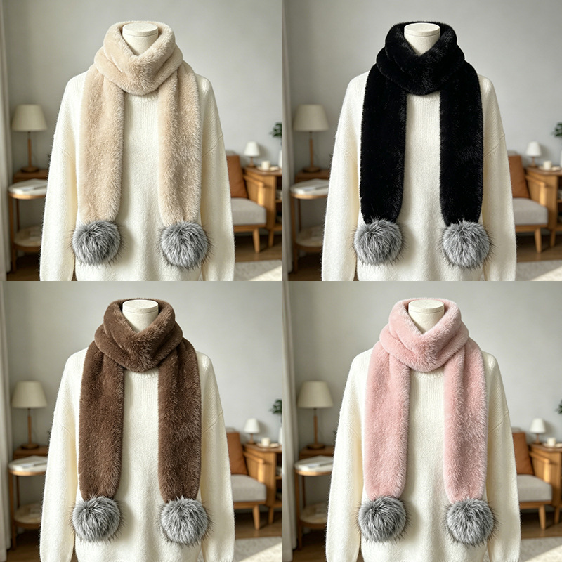 Waterproof Mink Fur Extended Fur Ball Scarf, Versatile Plush Neck Warmer for Autumn and Winter, Faux Fur Warm Neck Protection Scarf