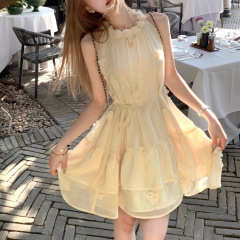 グレープフルーツ気泡水/ミルク黄色首掛けワンピース女性夏フランス薄紗アンドロメダスカート花人形スカート