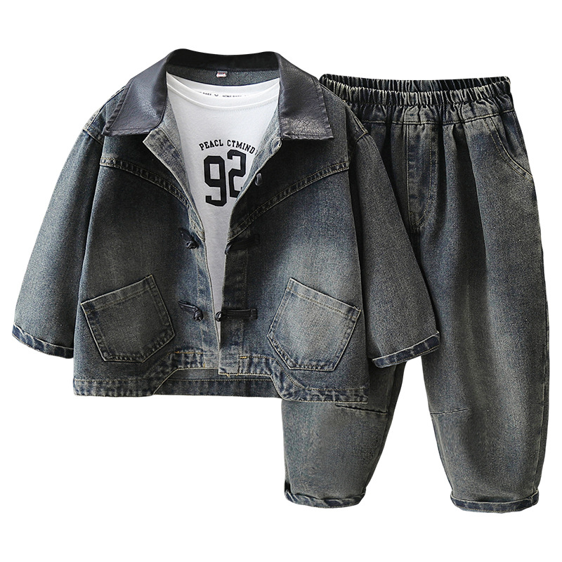 7685 niños nuevo traje de mezclilla chino primavera y otoño para niños ropa de estilo nacional 2025 nuevo traje de dos piezas de primavera