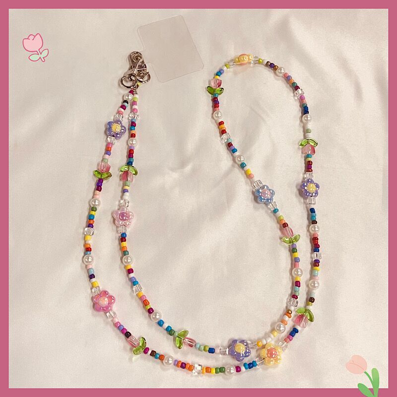 Long Colorful Tulip Flower Bead Phone Strap for Girls with Chain Pendant Accessory