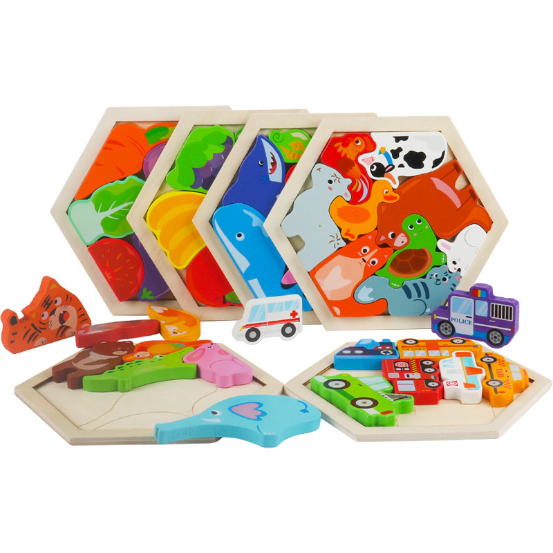 Dibujos animados para niños, rompecabezas de madera tridimensional creativo, rompecabezas de animales, rompecabezas de construcción de bloques de construcción, rompecabezas de tráfico image 5