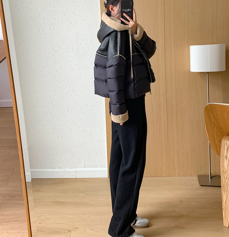 Giacca corta europea in piumino per donna stile corto cuciture colore a contrasto pelle PU leggera lusso alta qualità maglione largo 2024 nuovo inverno_voghion.com