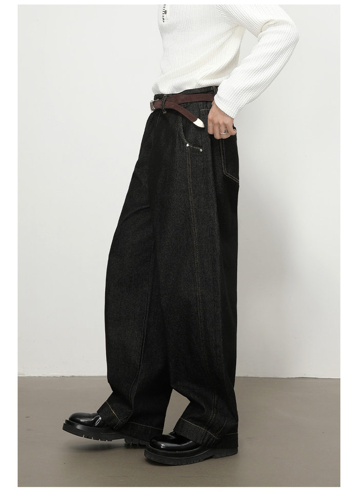 Quần jean nam denim đen dáng suông ống rộng kiểu banana lưng giữa, phong cách đường phố — Denim đen chi tiết 8