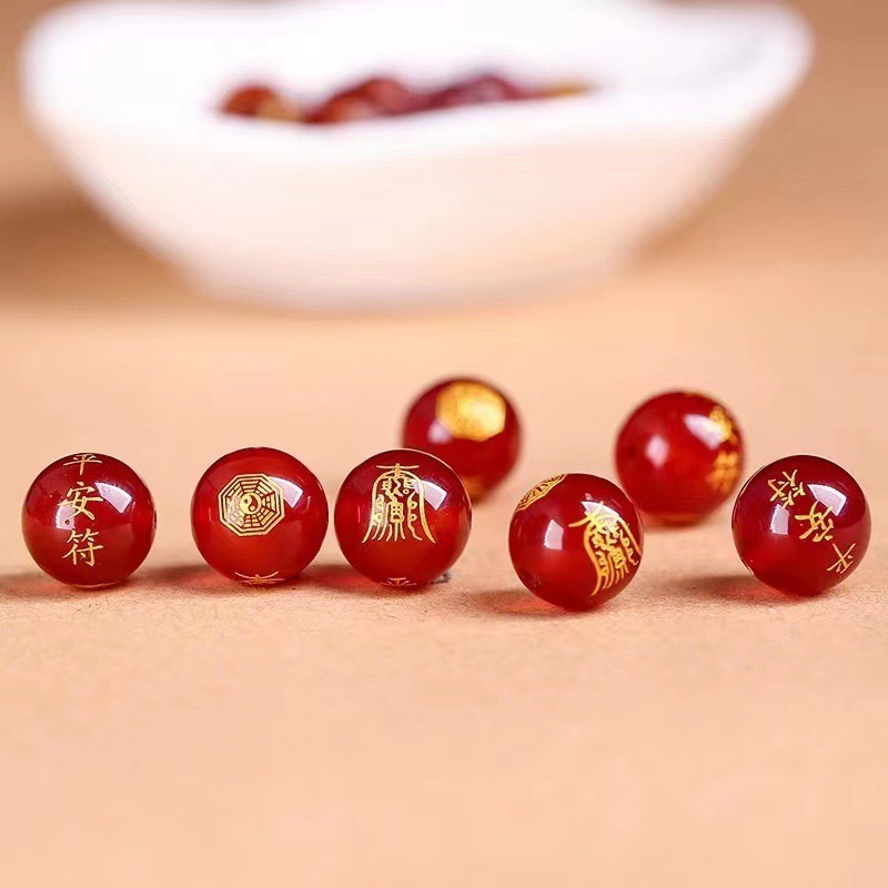 마노 각인, 천연 붉은 마노 각인, 금박 장식, 평안 부적, 원형 비즈, DIY 팔찌, 불교 비즈, 팔괘, 도매