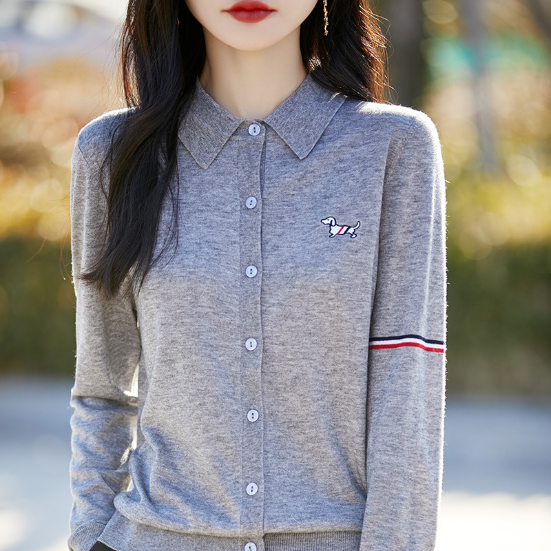 Spring and Autumn New Arrival Worsted Wool Knitted Cardigan College Style Striped Coat Puppy Embroidered Elegant Long Sleeve Women's Top