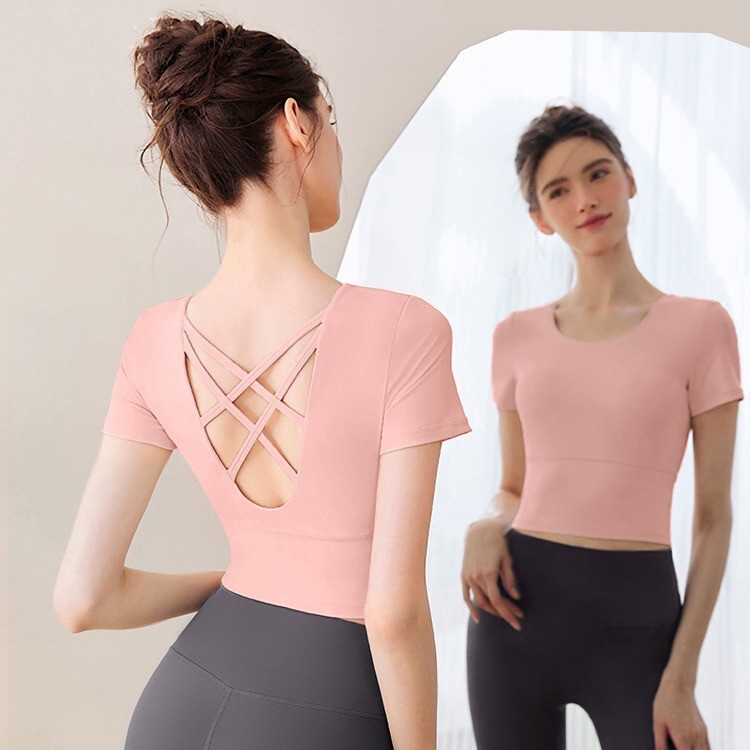 Fitness Short-sleeved Yoga Suit Top High-end Sports Underwear Women's Shockproof Short-sleeved Quick-drying Tight Clothes with Chest Pad for Women