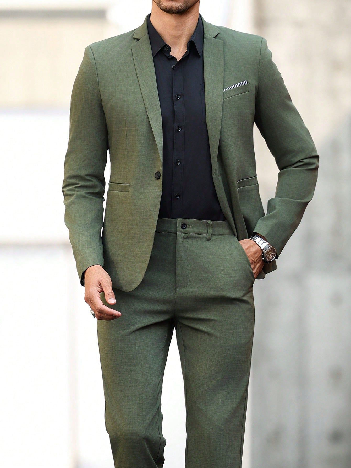 Men's Light Business Suit Set Dark Green Gentleman's Solid Color Style Fashion_voghion.com