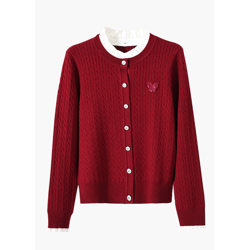 Zodiac Year Holiday Two-Piece Stand-Up Collar Twist Red Knitted Cardigan for Women 2025 Autumn and Winter New Bow Sequin Top