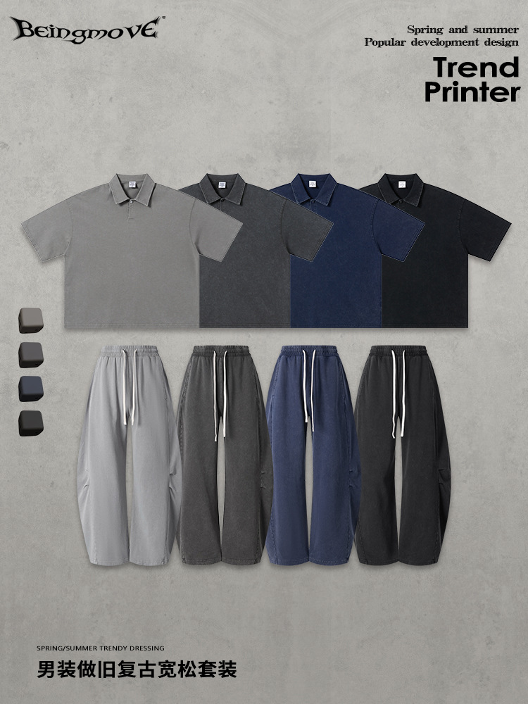 Calle secada| Retro polo hecho vieja solapa mangas cortas cimeta recto pantalones largos boxy dos piezas juego deportivo