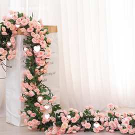 藤条塑料玫瑰花藤装饰假花婚庆空调管道缠绕遮挡藤蔓绢花植绒