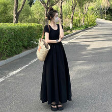 黑色短袖连衣裙子女夏季2024春秋新款法式茶歇收腰显瘦小黑裙长裙