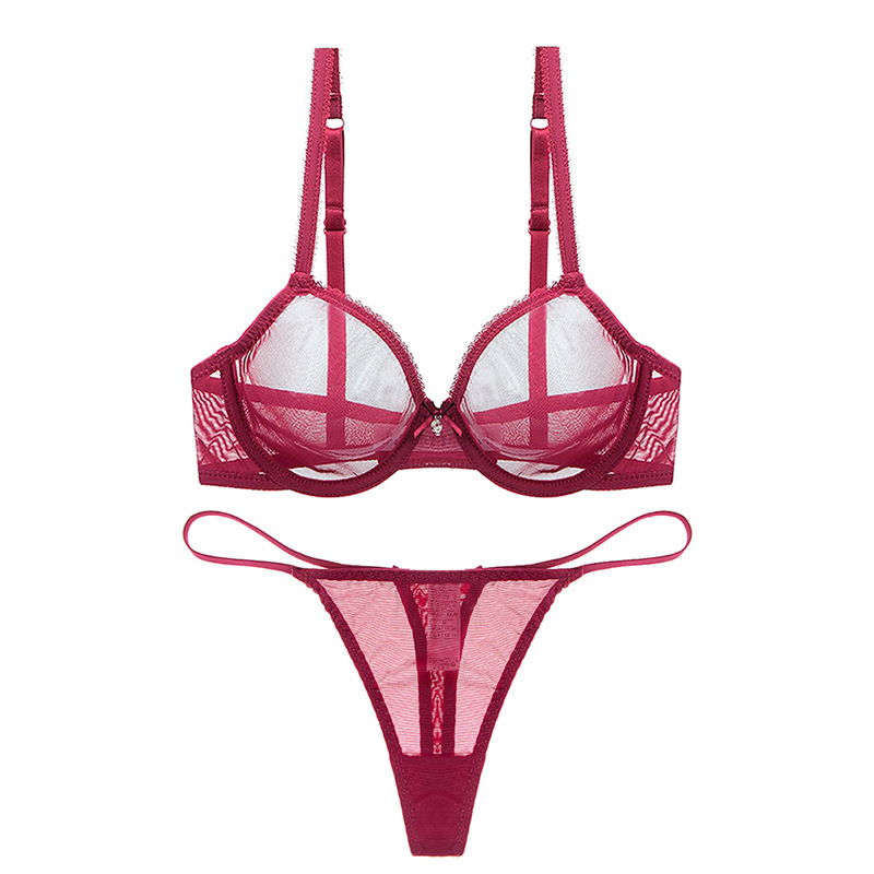 Varsbaby Sexy Fully Transparent Mesh Bra Thong Set Ultra-Thin See-Through Comfortable Steel Ring Bra for Women