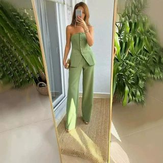 欧美2026新款女士休闲时尚露肩西服纽扣气质抹胸上衣高腰长裤套装
