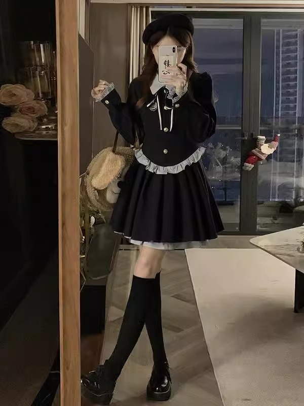 纯欲甜美学院风连衣裙女2025秋冬新款收腰显瘦假两件撞色拼接短裙|undefined