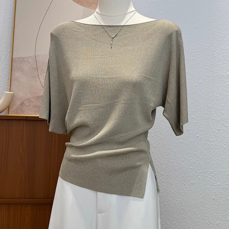 法式一字领短袖t恤女夏季新款斜肩冰丝针织衫小众设计感短款上衣