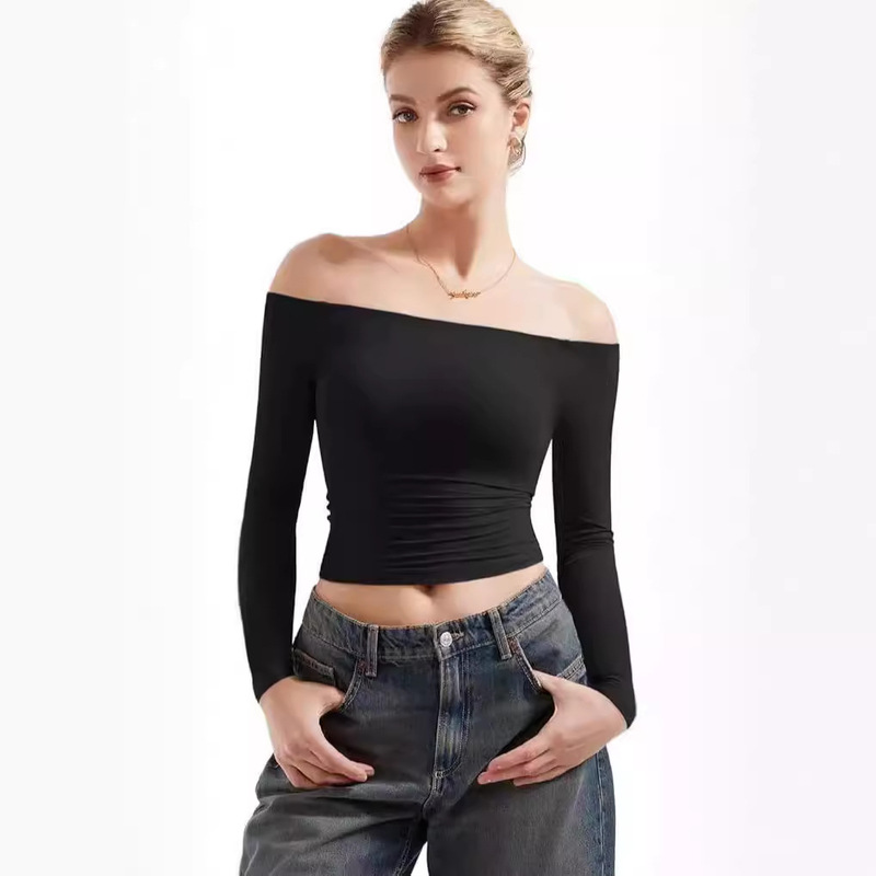 Cross-border European and American Autumn Top Women's Sexy Off-shoulder Long-sleeved Shirt Spice Girls Slim-fit Off-shoulder Navel T-shirt Women