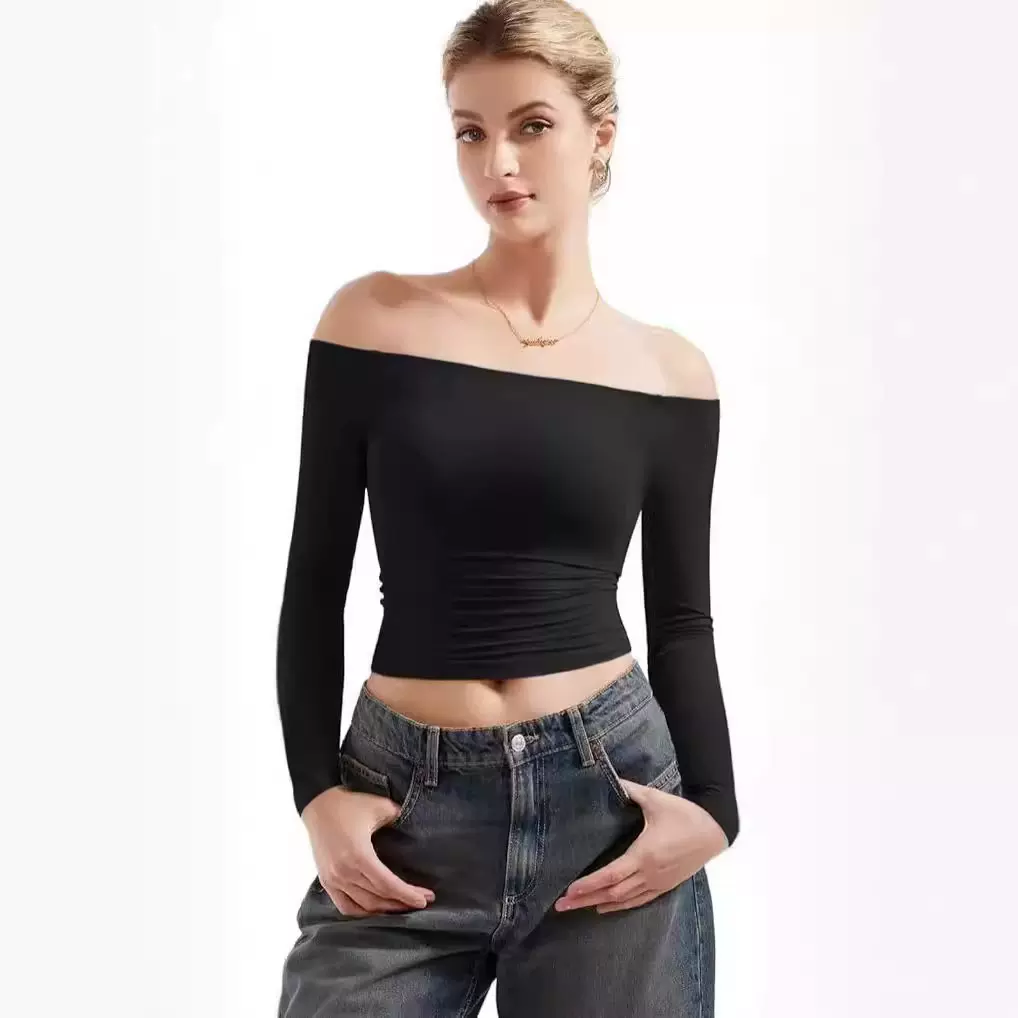 跨境欧美秋季上衣女式性感露肩长袖衬衫辣妹修身一字肩露脐T恤女