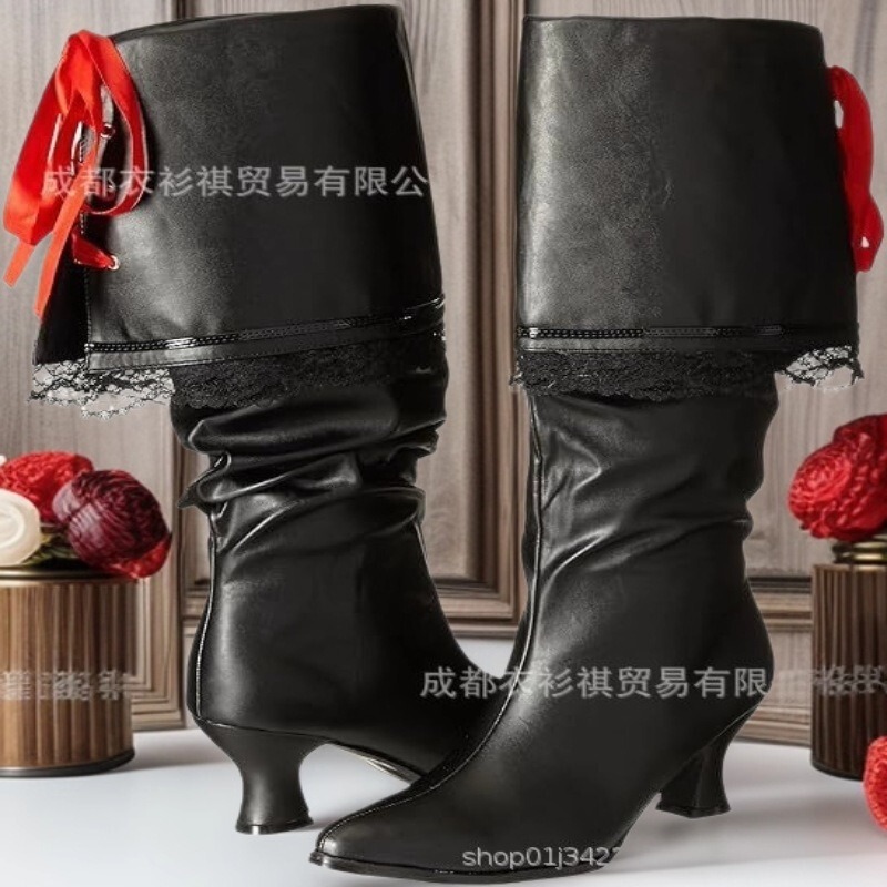 Amazon 2025 Cross-Border Export Medieval Renaissance High-Heeled Women's Cuffed High-Top Pirate Boots Cosplay