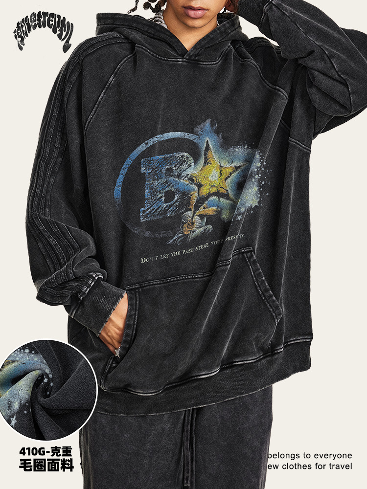 2025 otoño y invierno marca de tendencia europea y americana transfronteriza para impresión de tendencia suelta pesada con sudadera con sombrero para hombre