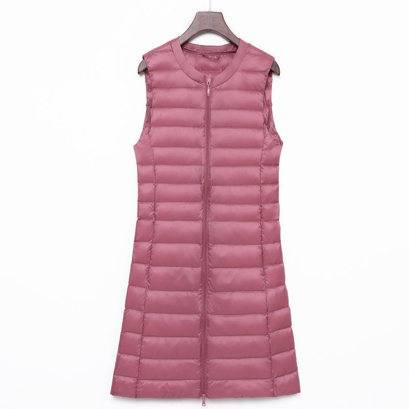 Transfronterizo otoño y invierno nuevo tipo de chaqueta de pluma de mujer ligera media y larga moda coreana con cremallera de cuello redondo calentamiento exterior