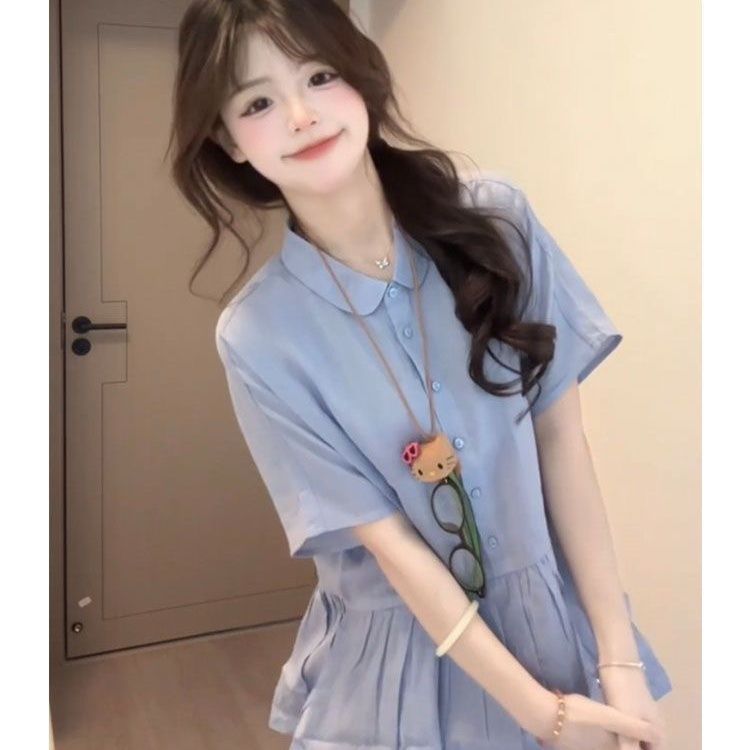 甜美学院风可爱宽松短袖衬衫女学生夏季新款叠穿显瘦半身裙两件套|undefined
