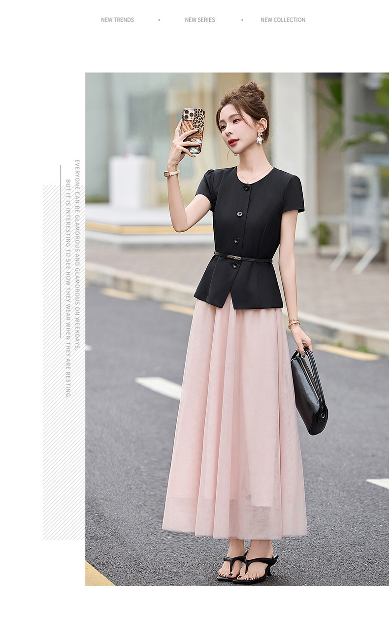 Bộ váy hai mảnh nữ cổ V thắt dây eo, áo sơ mi phối chân váy midi — màu đen chi tiết 12