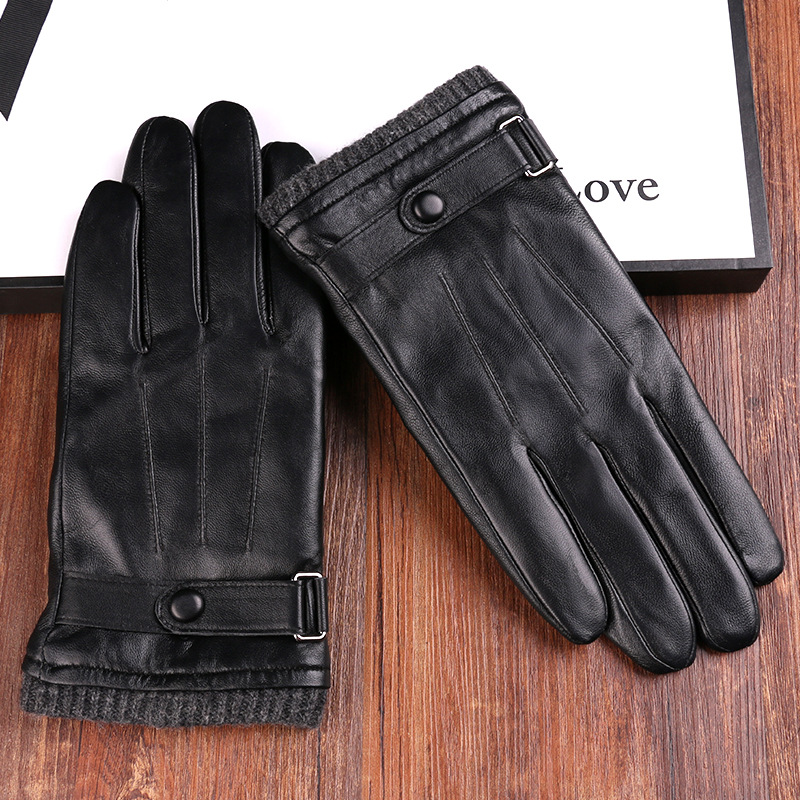 Guantes térmicos de piel de oveja de otoño e invierno guantes de cuero de pantalla táctil de conducción cálida engrosada para hombres simples
