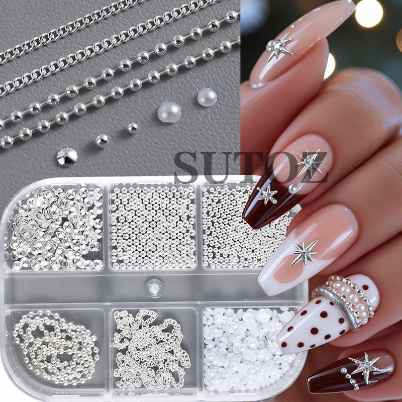 6-piece set of nail art decorations with metal chains and pearls, silver star-shaped steel beads, mini semi-round pearls, light luxury style 6-piece set of nail art decorations with metal chains and pearls, silver star-shaped steel beads, mini semi-round pearls, light luxury style