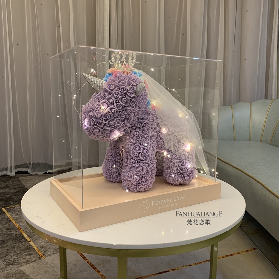 Unicornio flor inmortal rosa ramo caja de regalo de regalo para el día de San Valentín para la novia esposa y amiga