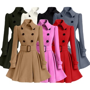 Cross-border European and American Autumn and Winter New Slim-fit Ruffled Women's Woolen Coat Belt Button-type Woolen Coat Trenchcoat Women