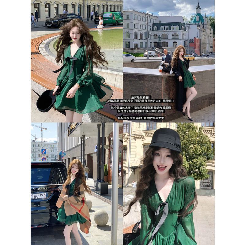 纯欲风立体蝴蝶结v领长袖连衣裙女早秋新款慵懒风短裙|undefined