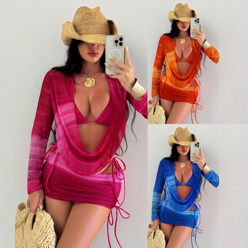 Cross-Border Swimwear for Women 2026 Tie-Dye Printed European and American Mesh Long-Sleeve Beach Dress European and American Sexy Bikini Four-Piece Set