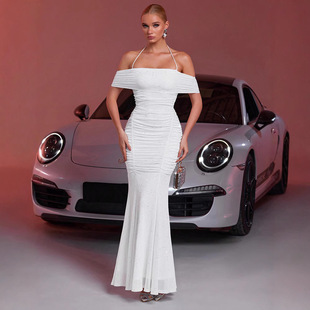 2025 Cross-border Summer New European and American Women's Fashion Temperament dress Mesh Sprinkle Silver Shoulder Sleeveless Dress