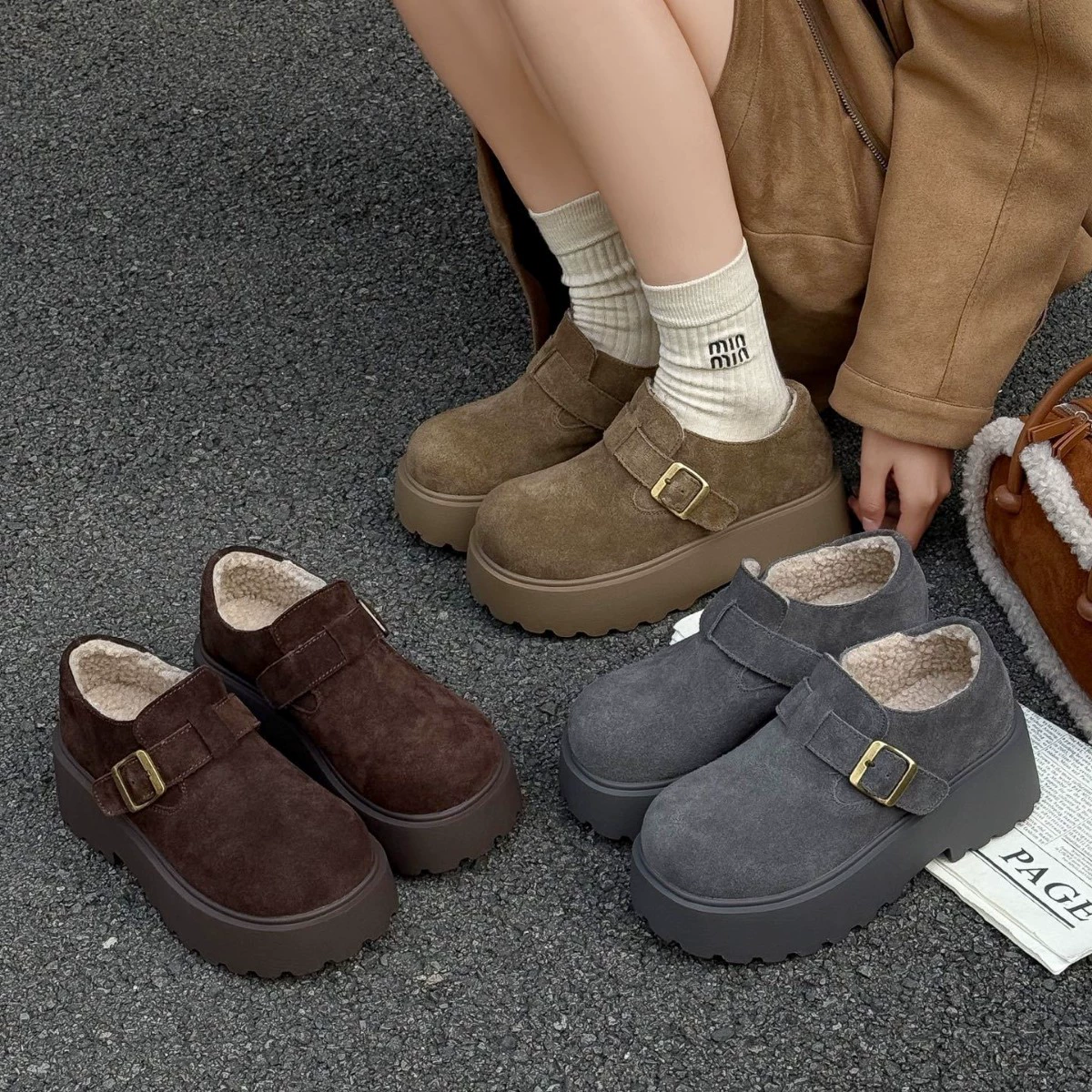 Matte leather keep warm non-slip fleece shoes platform