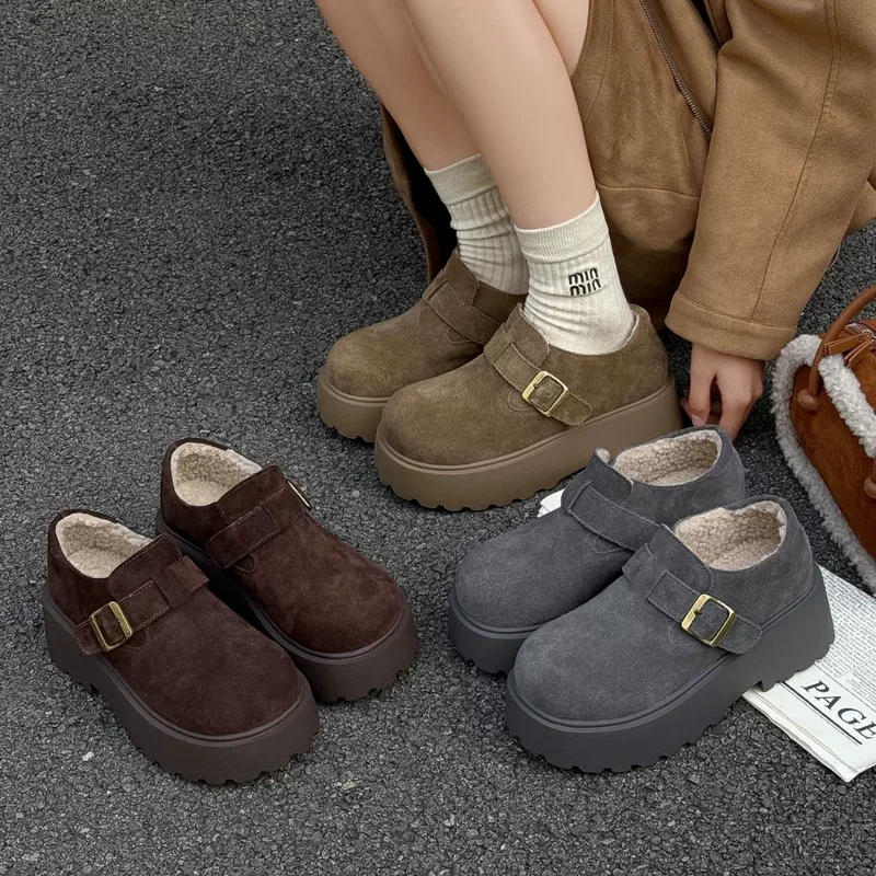 Matte leather keep warm non-slip fleece shoes platform
