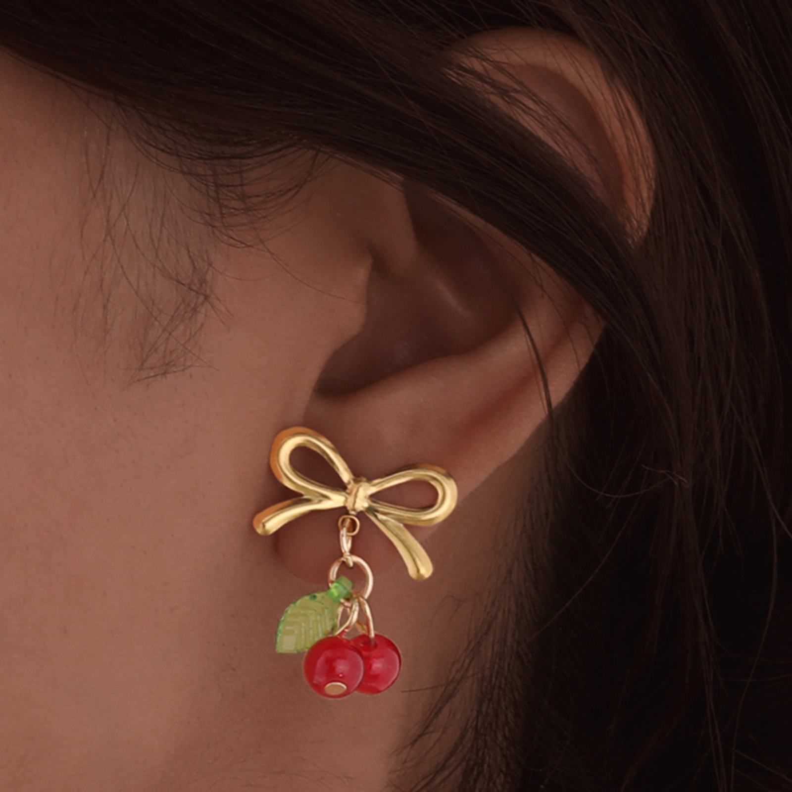 Plating Design 1 Pair IG Style Sweet Cherry Bow Knot Plating 304 Stainless Steel Resin Drop Earrings