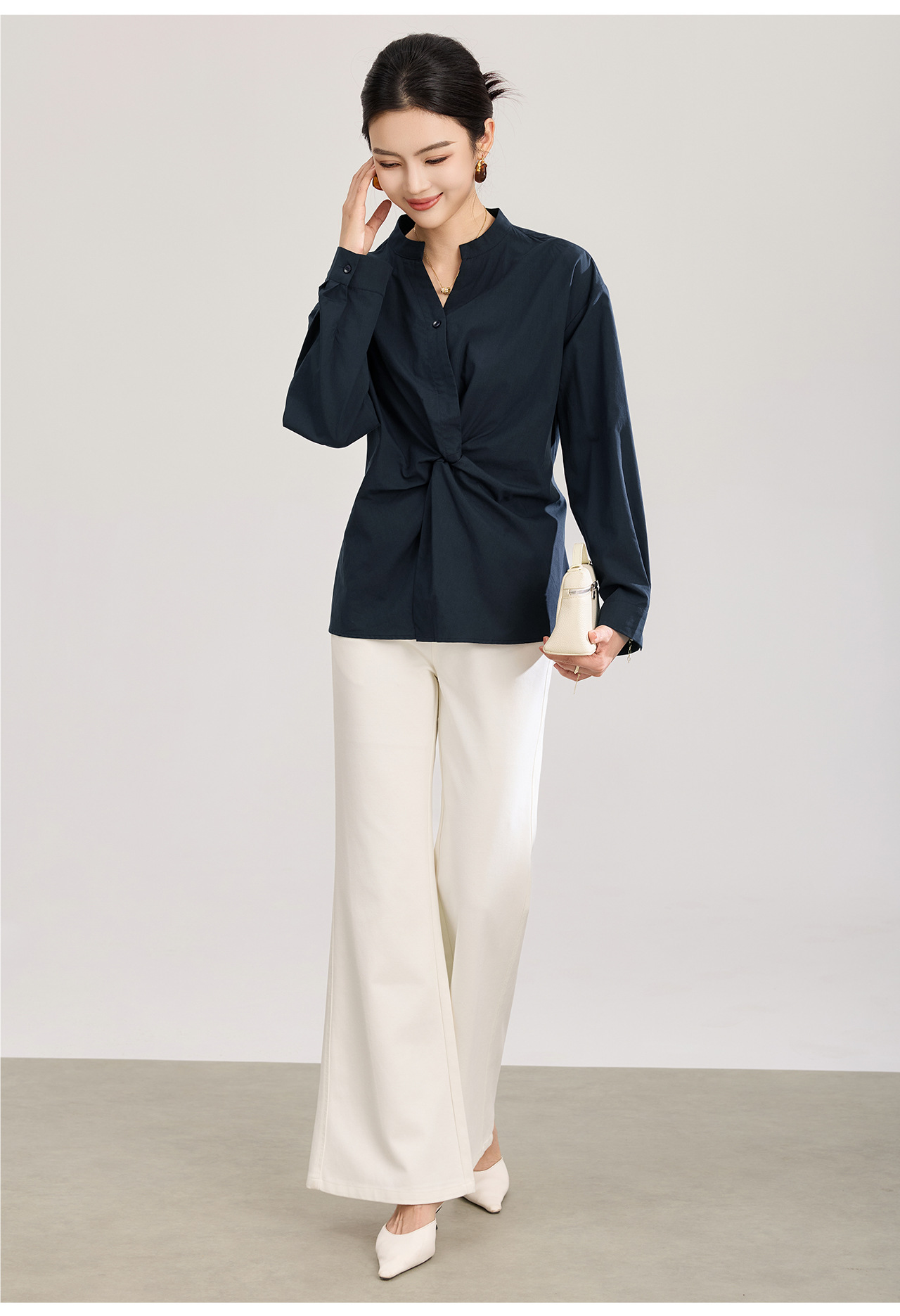 Áo sơ mi nữ dài tay chất lụa tencel phối xoắn thanh lịch — xanh lam chi tiết 13