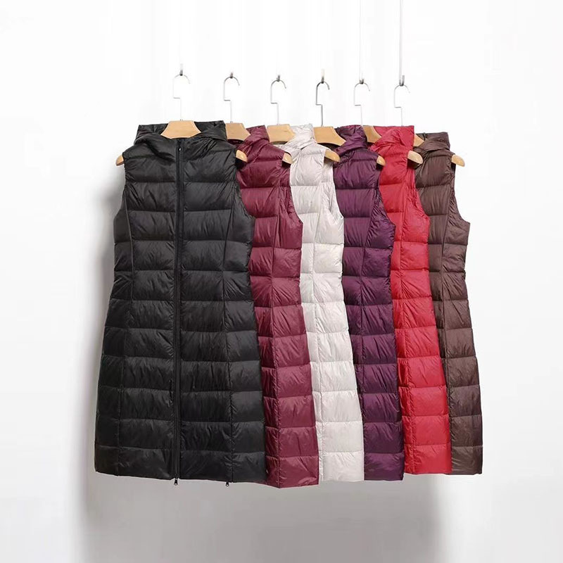 Cross-border Autumn and Winter New Down Vest Women's Lightweight Lined Over-the-knee Korean-style Slim-fit All-match Hooded Vest