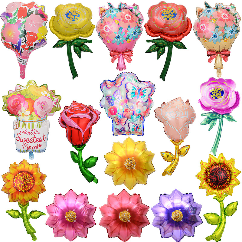 Flor globo atmósfera decoración ramo Tulip Rosa dibujos animados Girasol globo de aluminio con flor