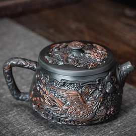 紫陶茶壶单壶纯手工浮雕建水紫砂壶西施高端壶功夫茶具手抓壶送礼