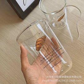 牛角包玻璃杯ins高硼硅耐热高级感饮品杯咖啡杯果汁杯牛奶杯带盖