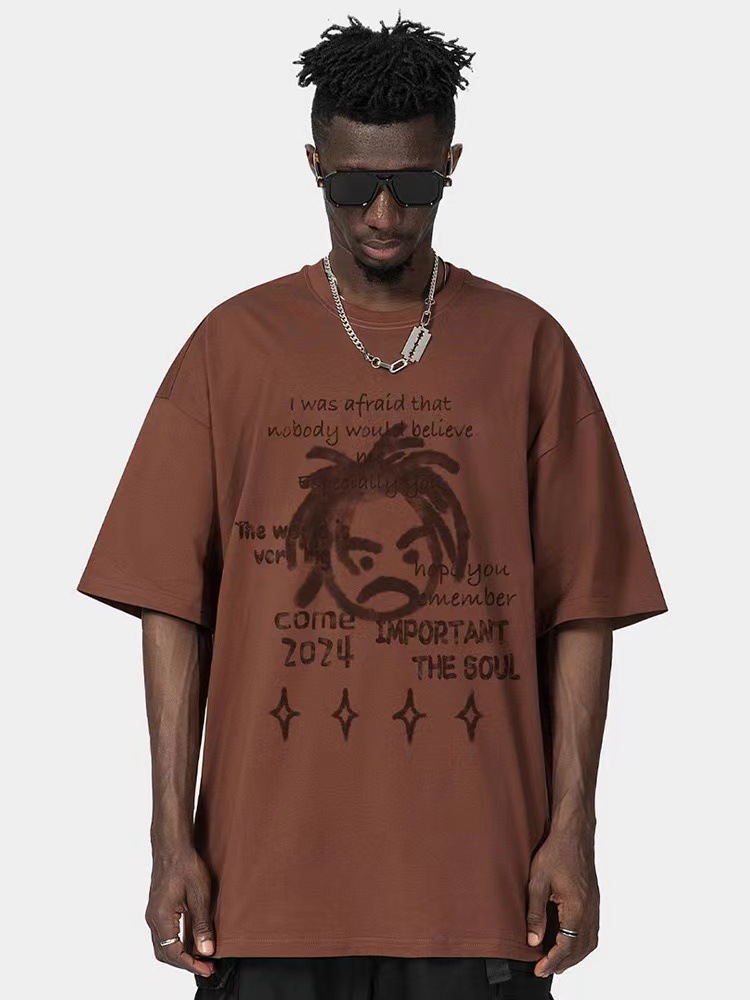 Spring and summer new loose oversize short-sleeved T-shirt men's American hip-hop style round neck trendy brand ins versatile bottoming shirt_viptrois.com