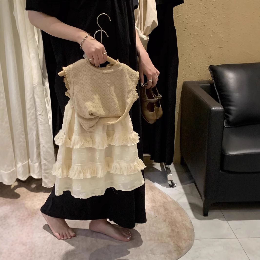 2025 summer new jacquard lace vest set Korean girl tassel skirt two-piece children's top