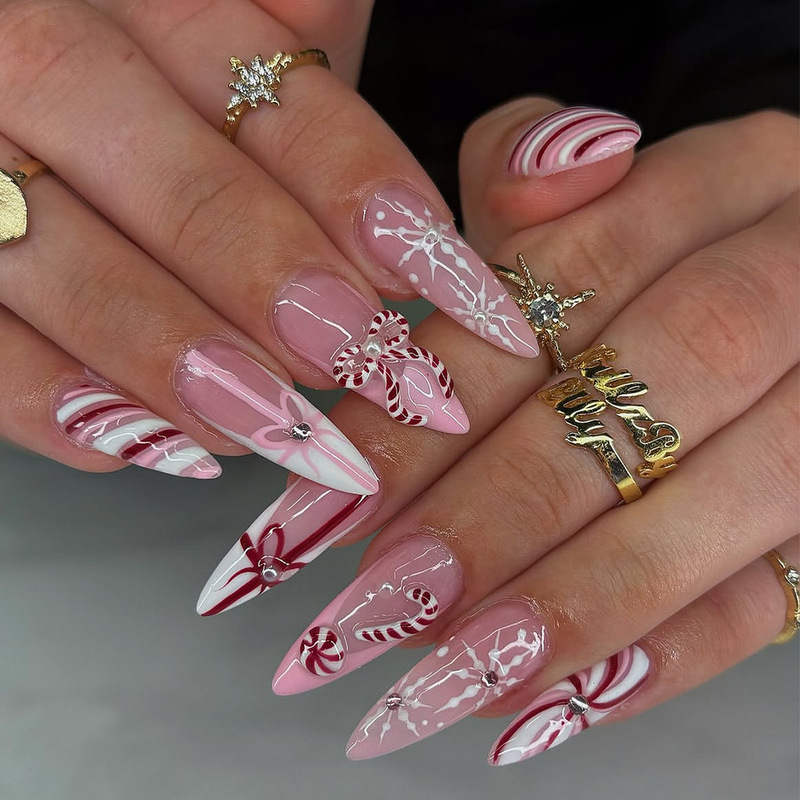 Cross-border Instagram-style Christmas nail art: pink 3D gel candy bow and snowflake designs, long nail tips, wholesale Cross-border Instagram-style Christmas nail art: pink 3D gel candy bow and snowflake designs, long nail tips, wholesale